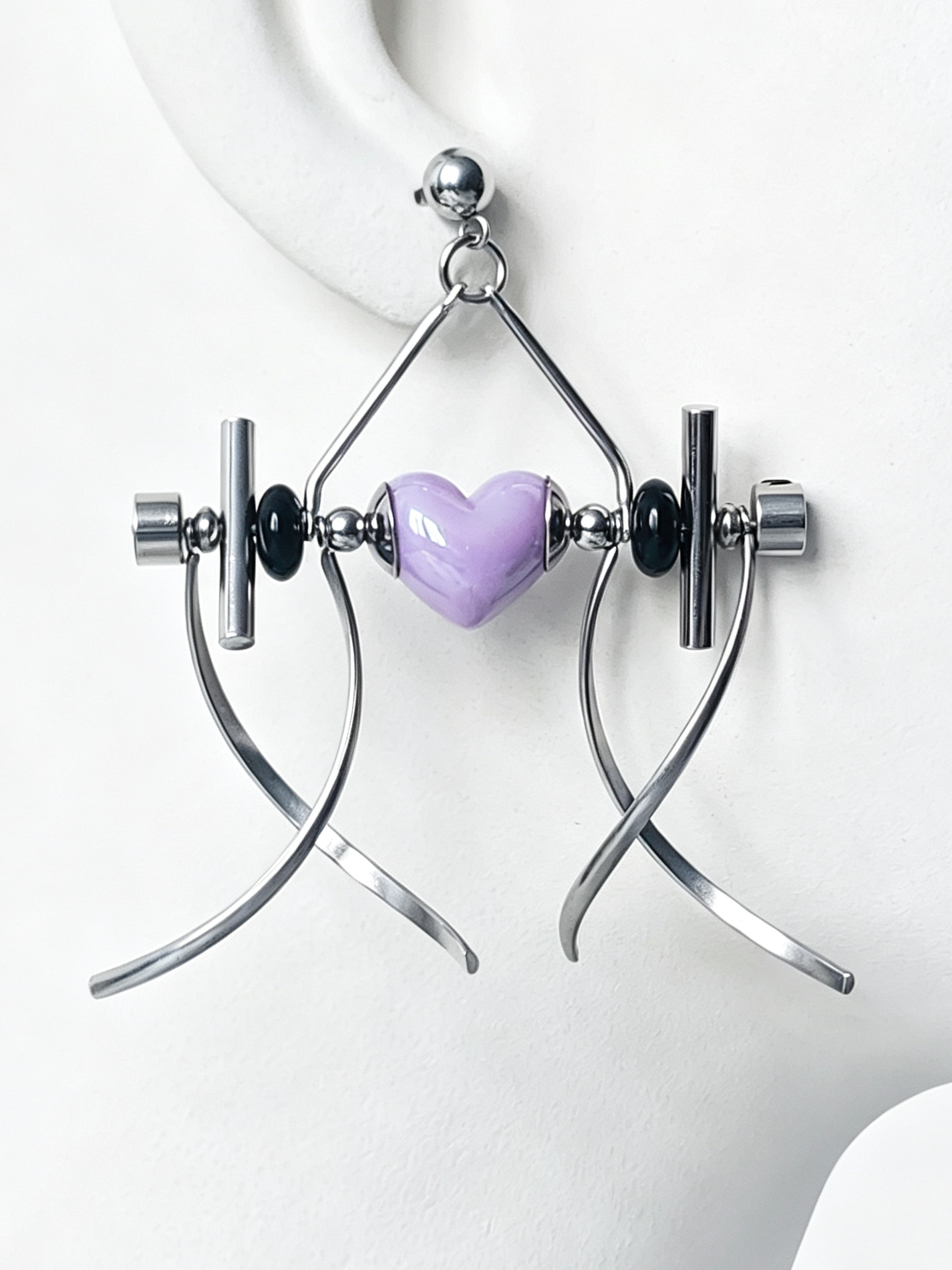 Punk Handmade Stainless Steel Earring, Purple Heart UV Bead Gothic Dangle Drop Earring Jewelry
