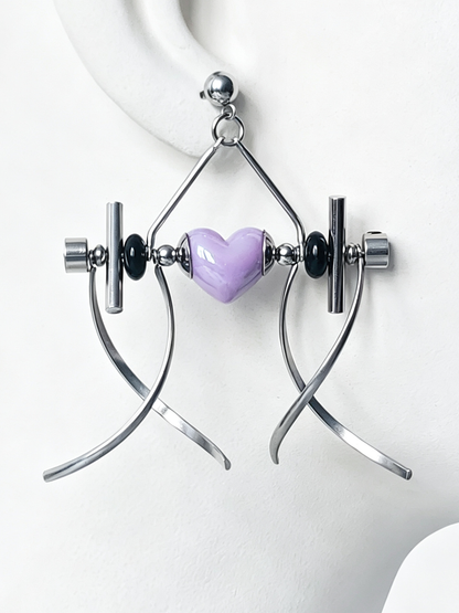 Punk Handmade Stainless Steel Earring, Purple Heart UV Bead Gothic Dangle Drop Earring Jewelry
