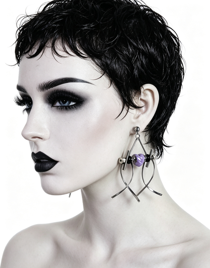 Punk Handmade Stainless Steel Earring, Purple Heart UV Bead Gothic Dangle Drop Earring Jewelry