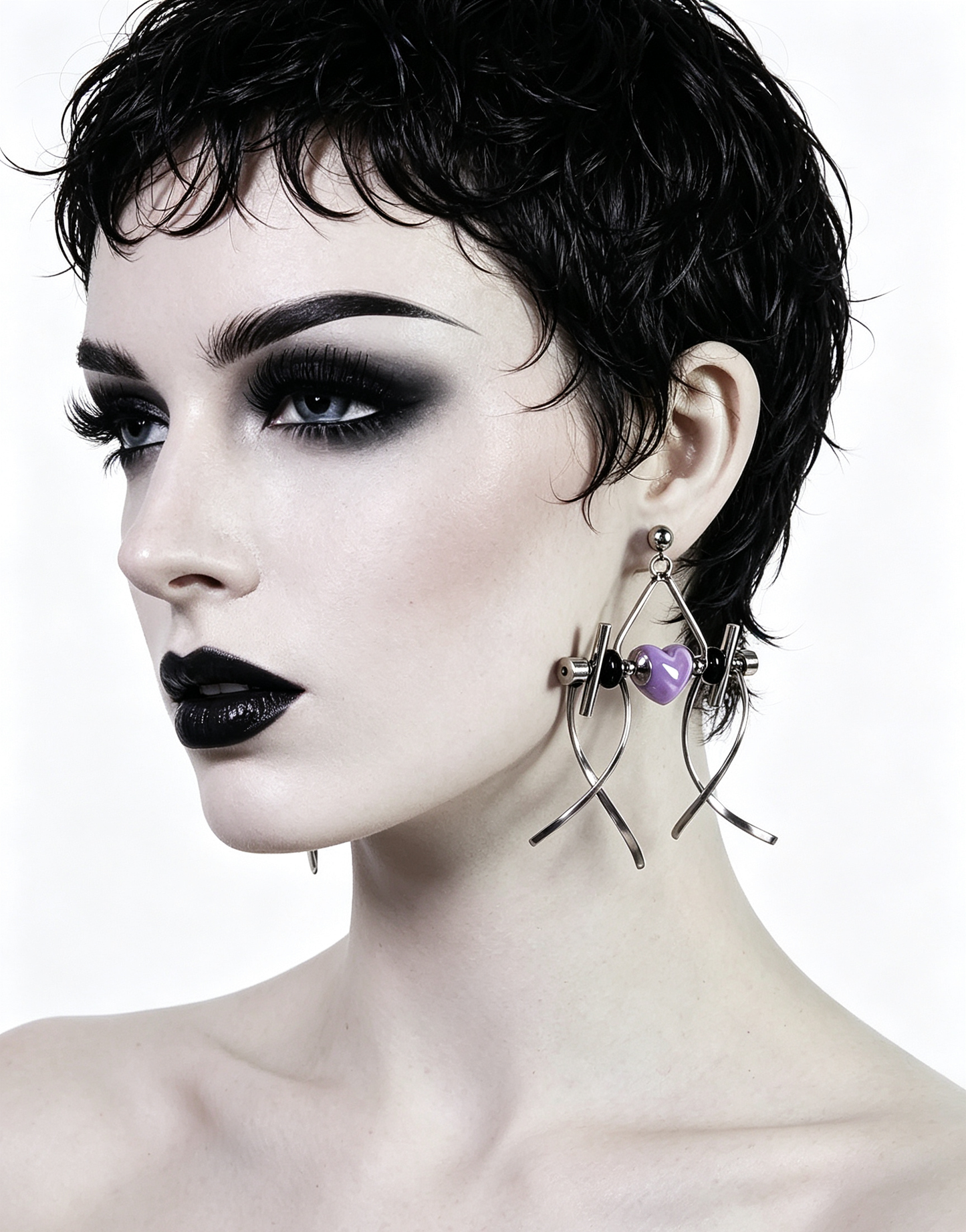 Punk Handmade Stainless Steel Earring, Purple Heart UV Bead Gothic Dangle Drop Earring Jewelry