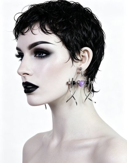Punk Handmade Stainless Steel Earring, Purple Heart UV Bead Gothic Dangle Drop Earring Jewelry