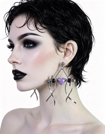 Punk Handmade Stainless Steel Earring, Purple Heart UV Bead Gothic Dangle Drop Earring Jewelry