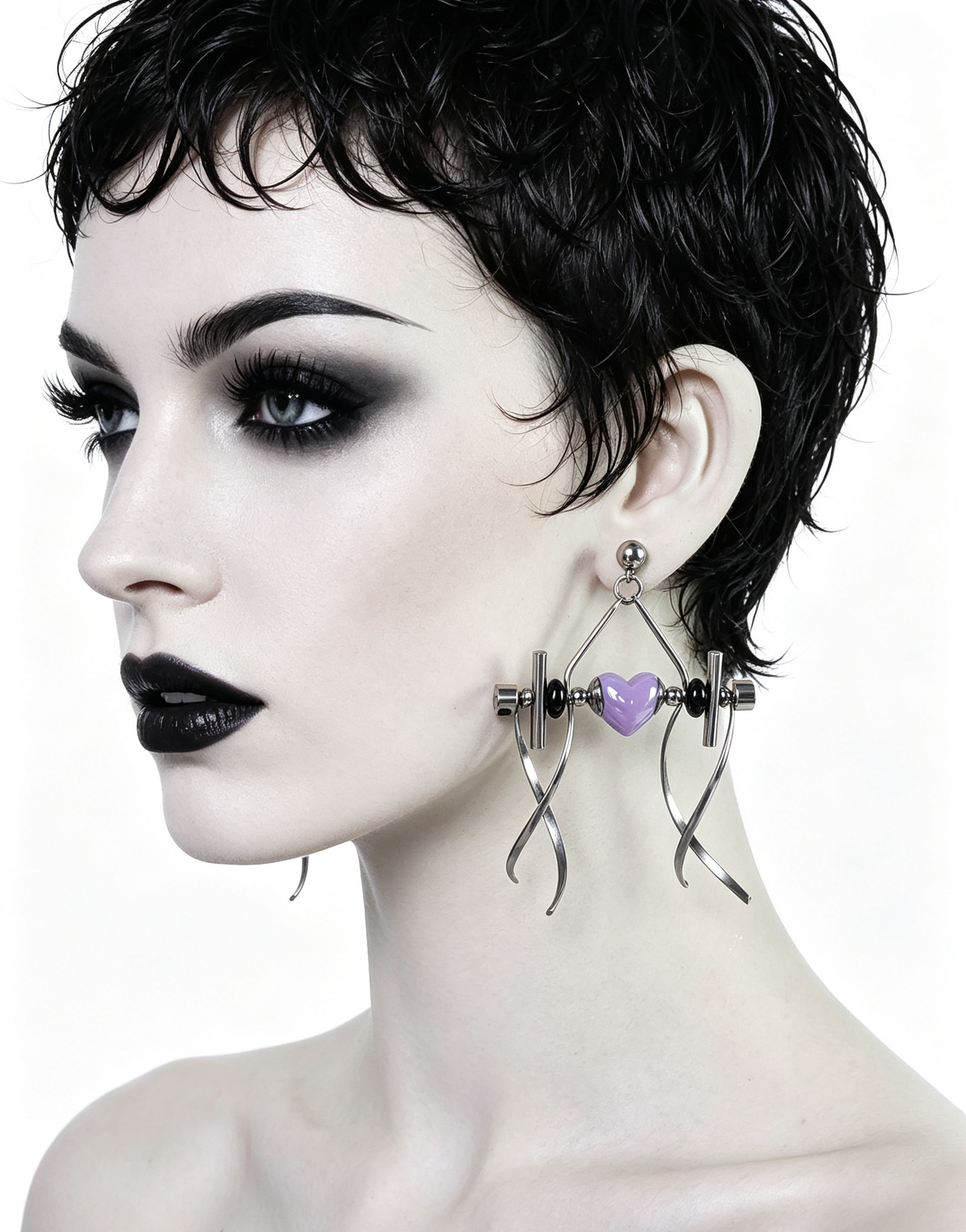 Punk Handmade Stainless Steel Earring, Purple Heart UV Bead Gothic Dangle Drop Earring Jewelry