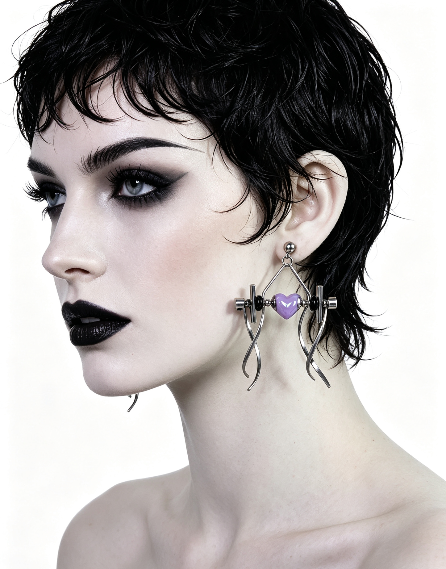 Punk Handmade Stainless Steel Earring, Purple Heart UV Bead Gothic Dangle Drop Earring Jewelry