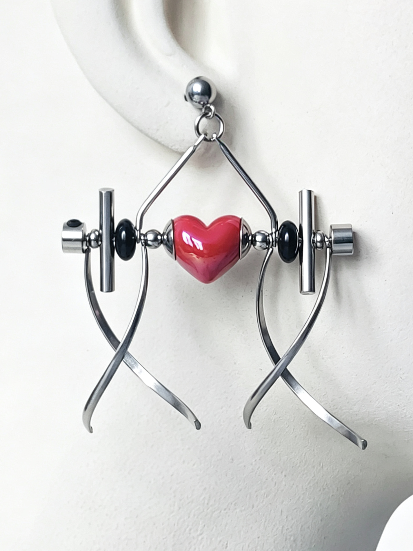 Punk Handmade Stainless Steel Earring, Bright Red Heart UV Bead Gothic Dangle Drop Earring Jewelry
