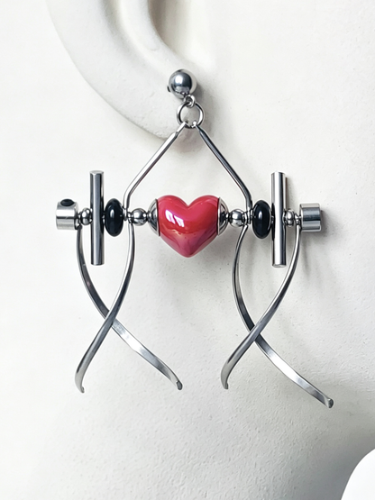 Punk Handmade Stainless Steel Earring, Bright Red Heart UV Bead Gothic Dangle Drop Earring Jewelry