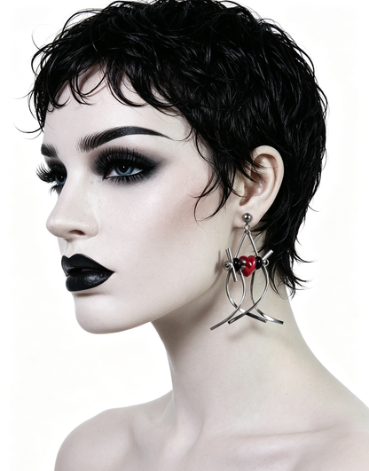 Punk Handmade Stainless Steel Earring, Bright Red Heart UV Bead Gothic Dangle Drop Earring Jewelry