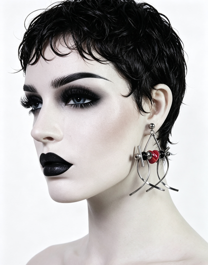 Punk Handmade Stainless Steel Earring, Bright Red Heart UV Bead Gothic Dangle Drop Earring Jewelry