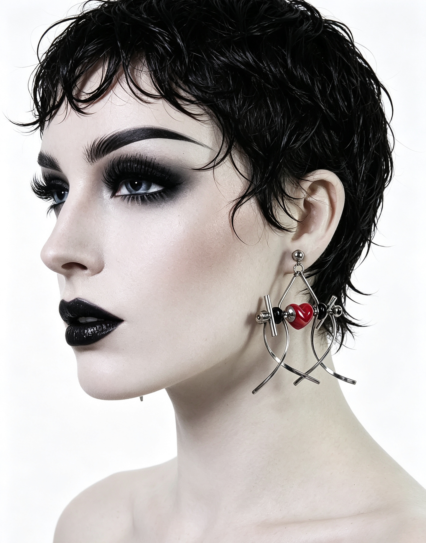 Punk Handmade Stainless Steel Earring, Bright Red Heart UV Bead Gothic Dangle Drop Earring Jewelry