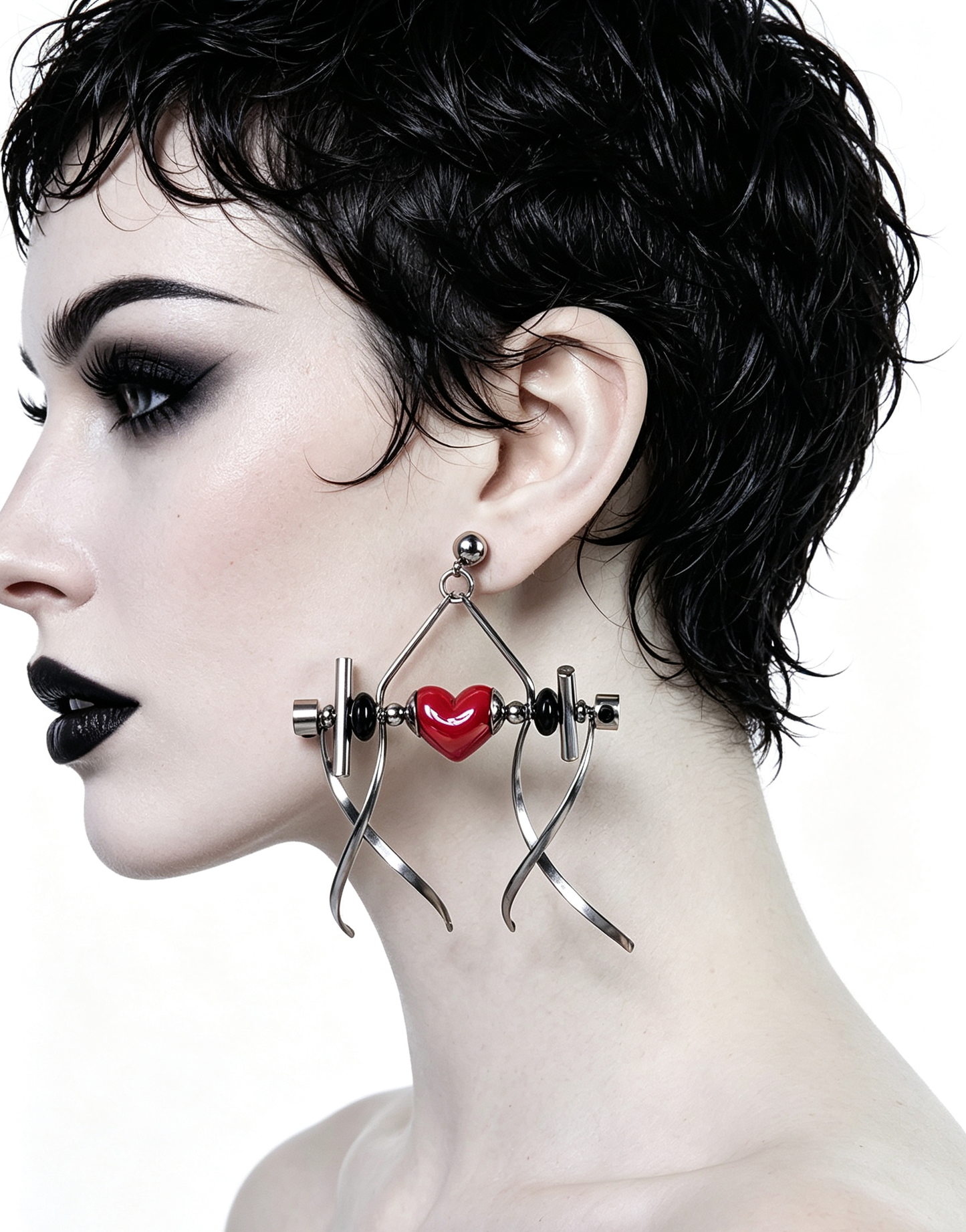 Punk Handmade Stainless Steel Earring, Bright Red Heart UV Bead Gothic Dangle Drop Earring Jewelry