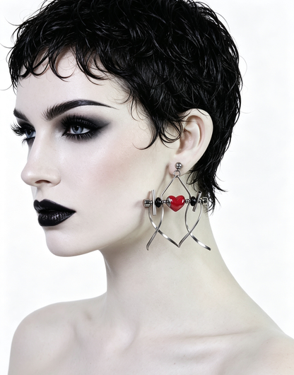 Punk Handmade Stainless Steel Earring, Bright Red Heart UV Bead Gothic Dangle Drop Earring Jewelry