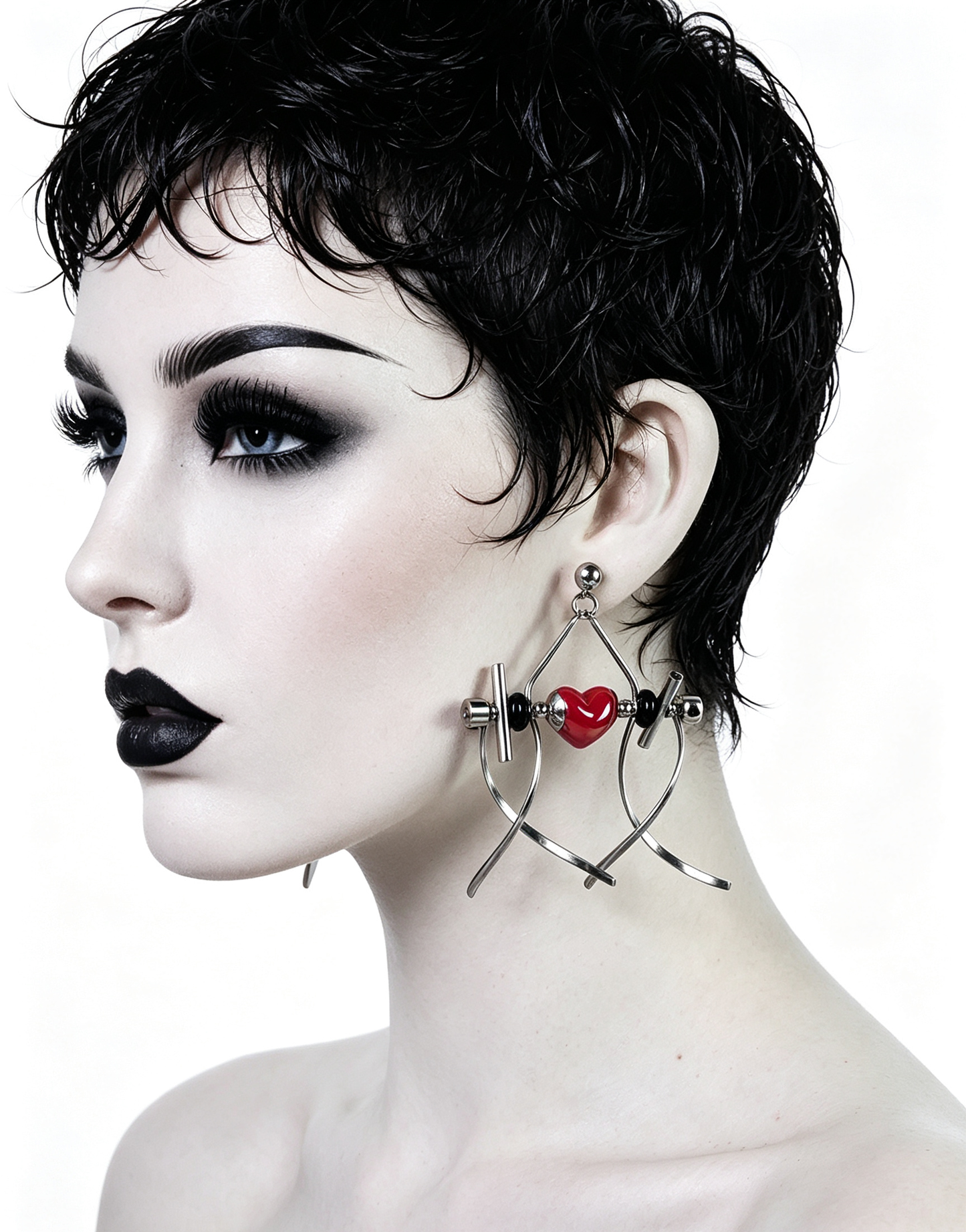 Punk Handmade Stainless Steel Earring, Bright Red Heart UV Bead Gothic Dangle Drop Earring Jewelry