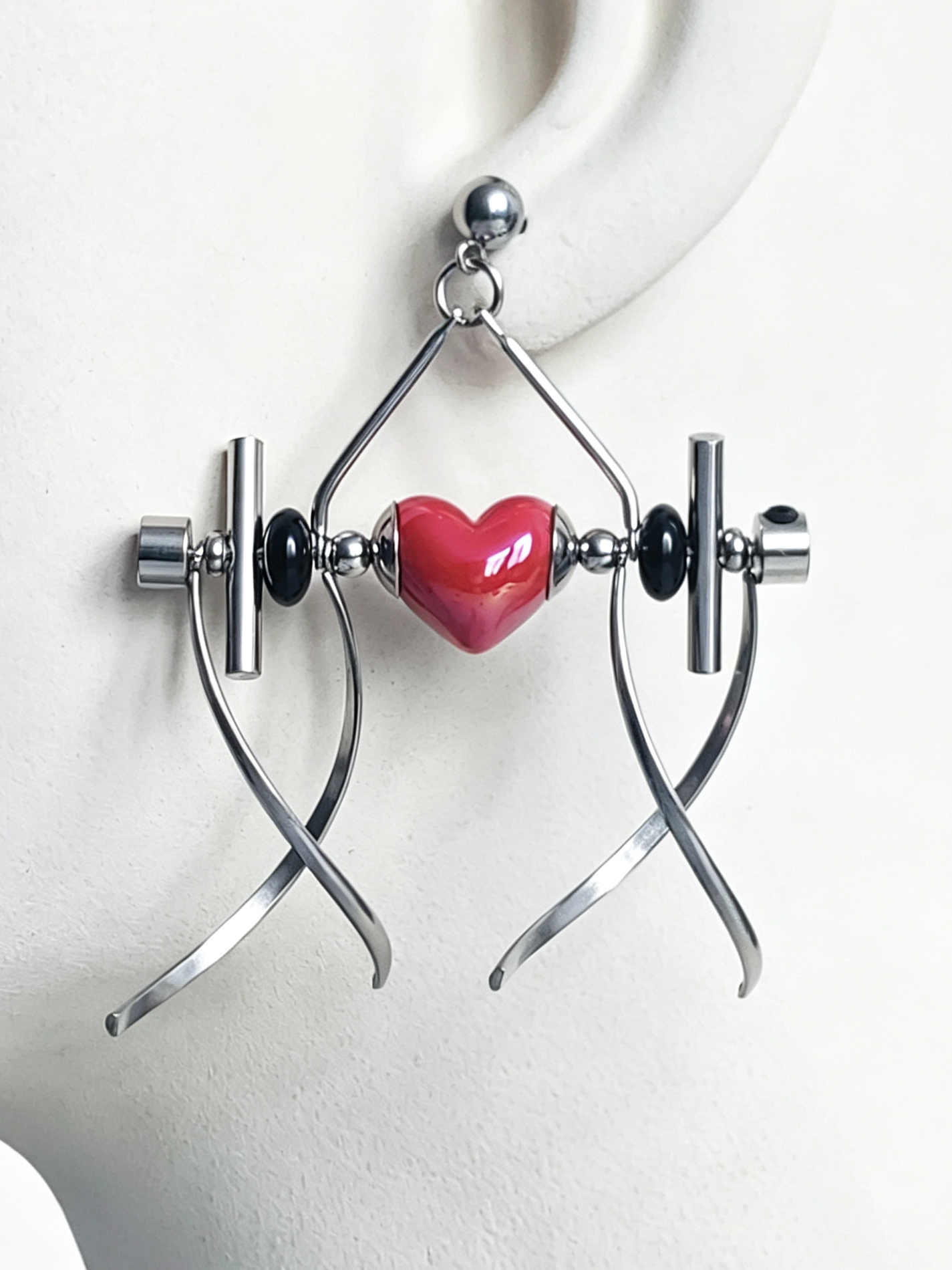 Punk Handmade Stainless Steel Earring, Bright Red Heart UV Bead Gothic Dangle Drop Earring Jewelry for man