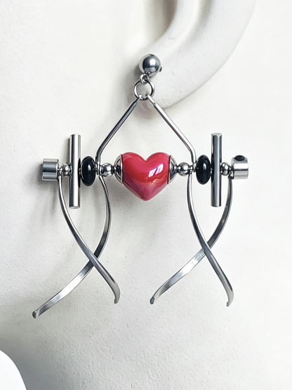 Punk Handmade Stainless Steel Earring, Bright Red Heart UV Bead Gothic Dangle Drop Earring Jewelry for man