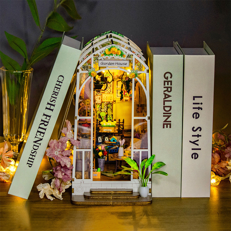 DIY Garden House Book Nook Kit – Wooden Shelf Insert with LED Lights | Miniature Dollhouse Gift for Teens & Adults