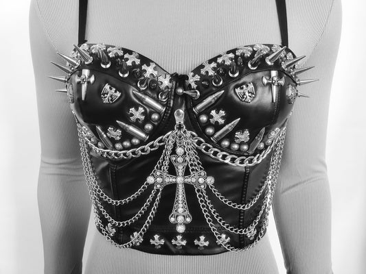 Halloween Costumes,Gothic Spiked Leather Bustier Top,Women Faux Leather Punk Heavy Metal Corset,Women Faux Leather Cross Boned Corset