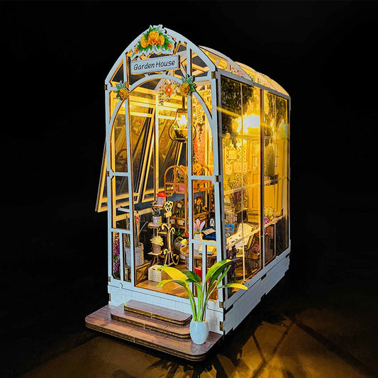 DIY Garden House Book Nook Kit – Wooden Shelf Insert with LED Lights | Miniature Dollhouse Gift for Teens & Adults