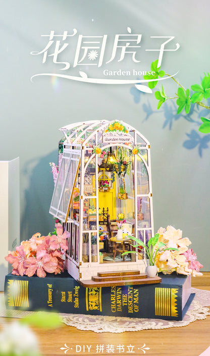 DIY Garden House Book Nook Kit – Wooden Shelf Insert with LED Lights | Miniature Dollhouse Gift for Teens & Adults