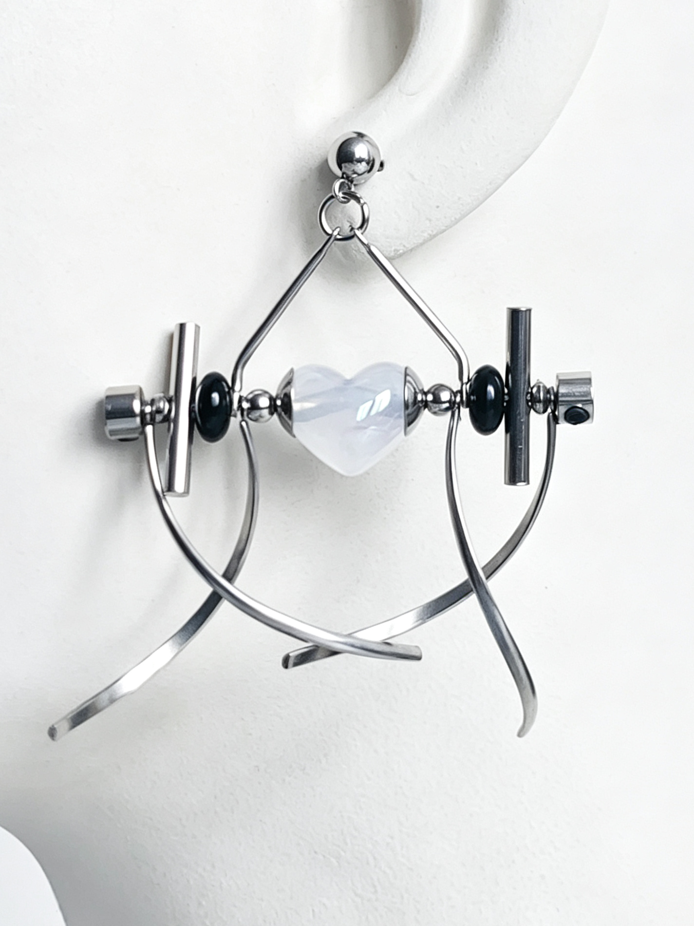 Punk Handmade Stainless Steel Earring, Jelly White Heart UV Bead Gothic Dangle Drop Earring Jewelry for man