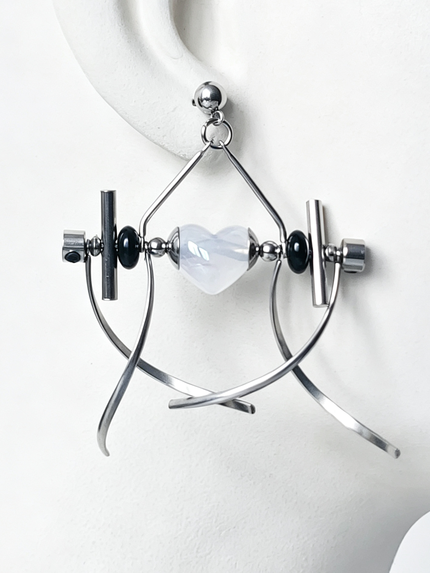 Punk Handmade Stainless Steel Earring, Jelly White Heart UV Bead Gothic Dangle Drop Earring Jewelry