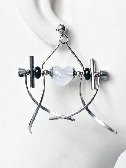 Punk Handmade Stainless Steel Earring, Jelly White Heart UV Bead Gothic Dangle Drop Earring Jewelry