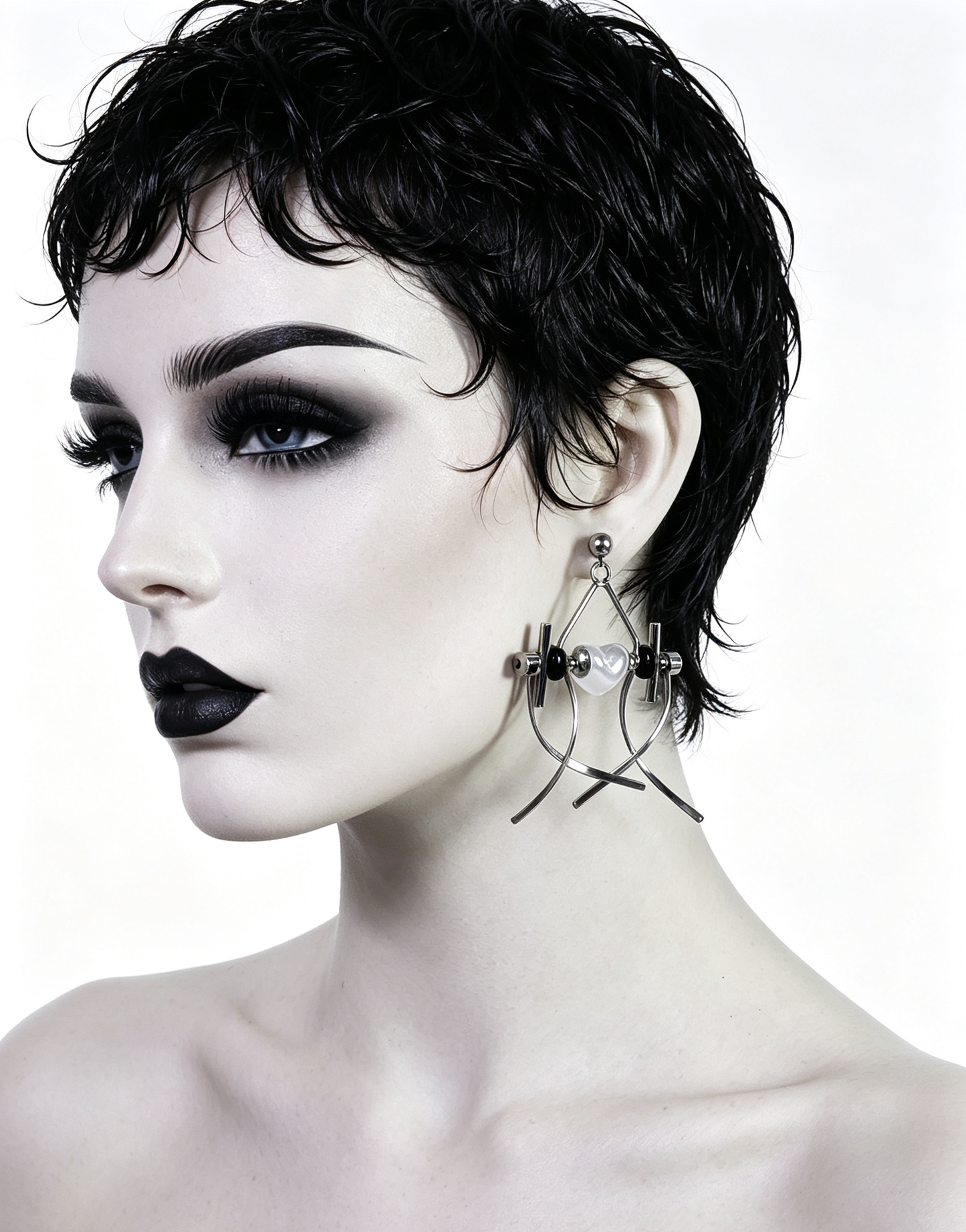 Punk Handmade Stainless Steel Earring, Jelly White Heart UV Bead Gothic Dangle Drop Earring Jewelry