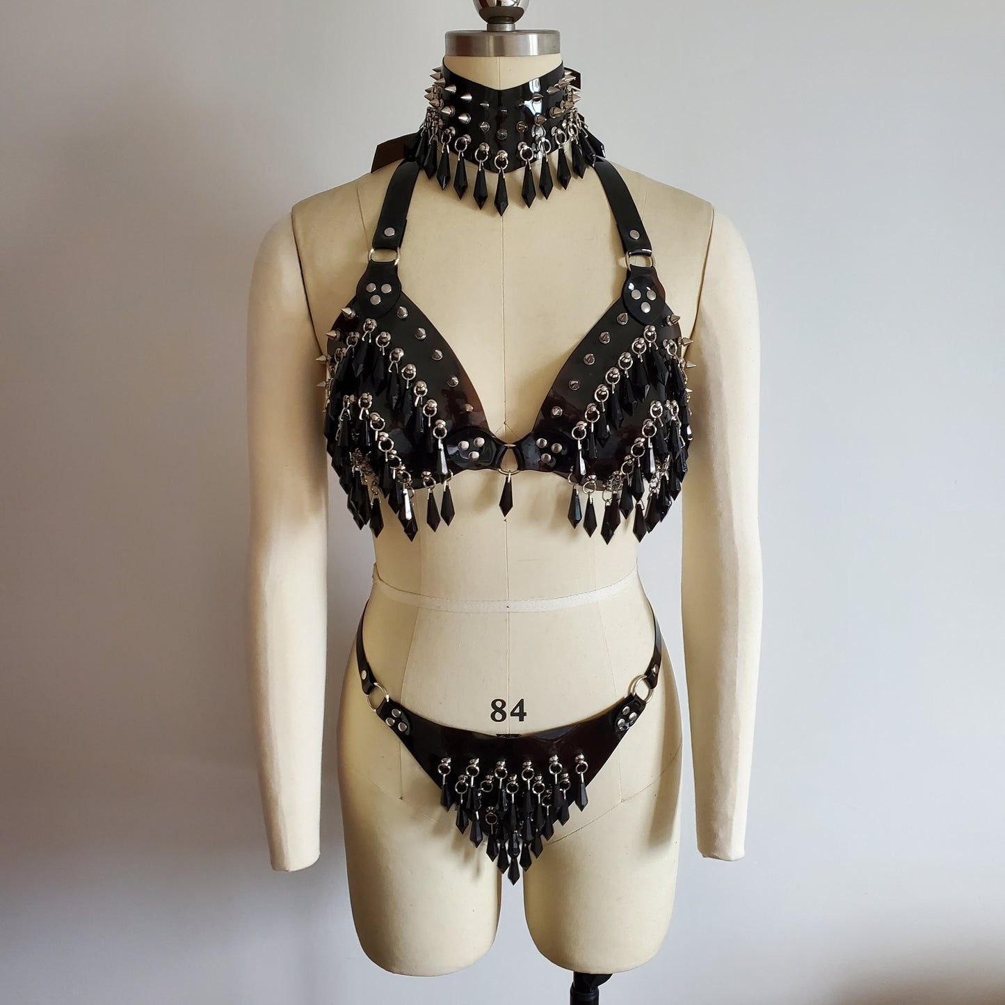 Fetish Wear,Spike PVC Cage Bra,Rivet Gothic Harness,Vinyl Choker,Vinyl Harness Bra,PVC Panties,Rave festival,Sexy Lingerie,Plastic Fashion