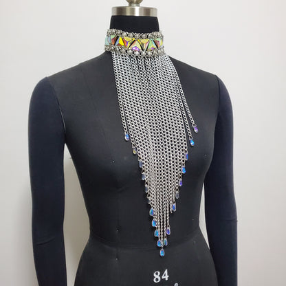 Burning Man Holographic Fringe Chain Necklance Collar / Tassel Steampunk Jewelry Collar / Tassel Chocker Long Necklace / Rhinestone Necklace