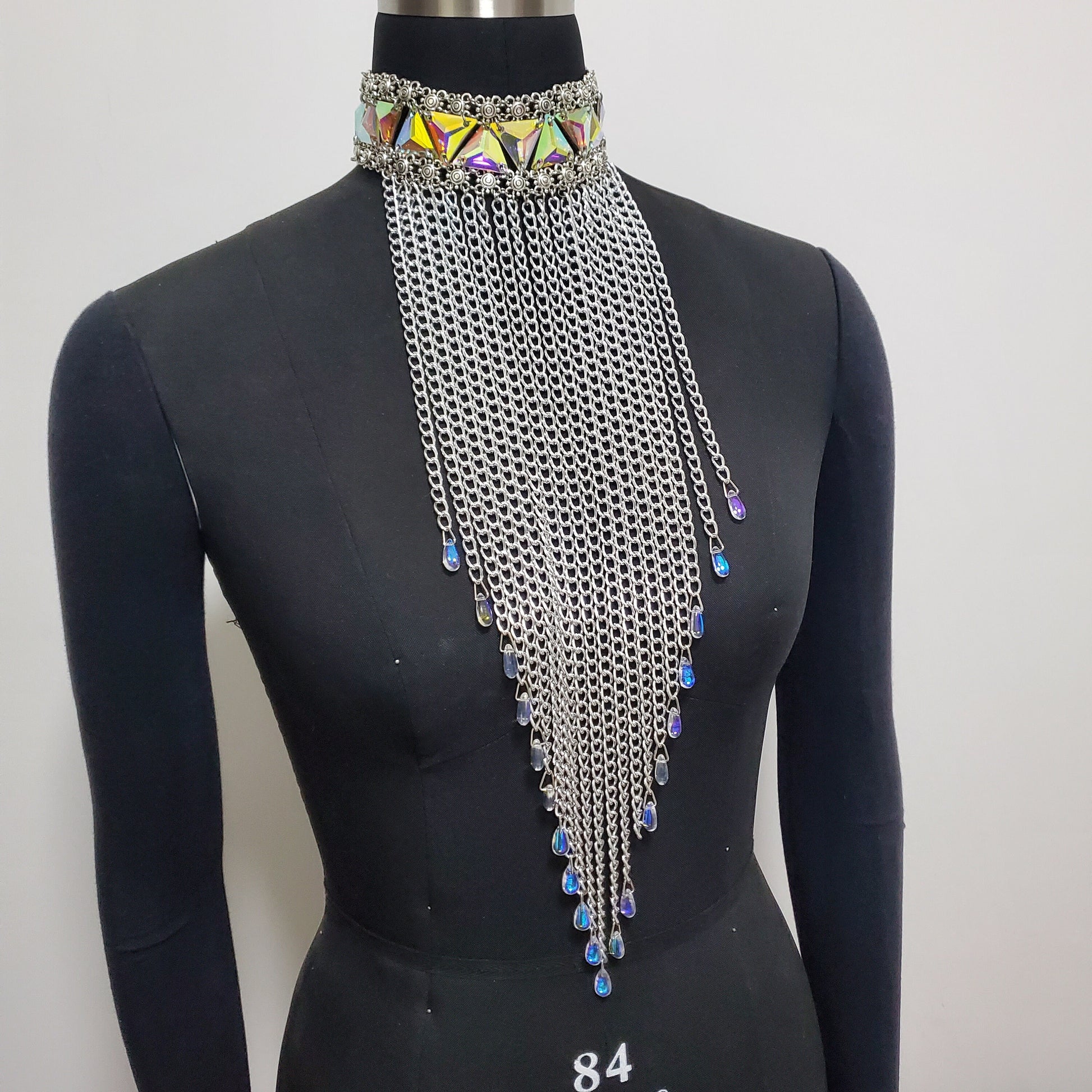 Burning Man Holographic Fringe Chain Necklance Collar / Tassel Steampunk Jewelry Collar / Tassel Chocker Long Necklace / Rhinestone Necklace