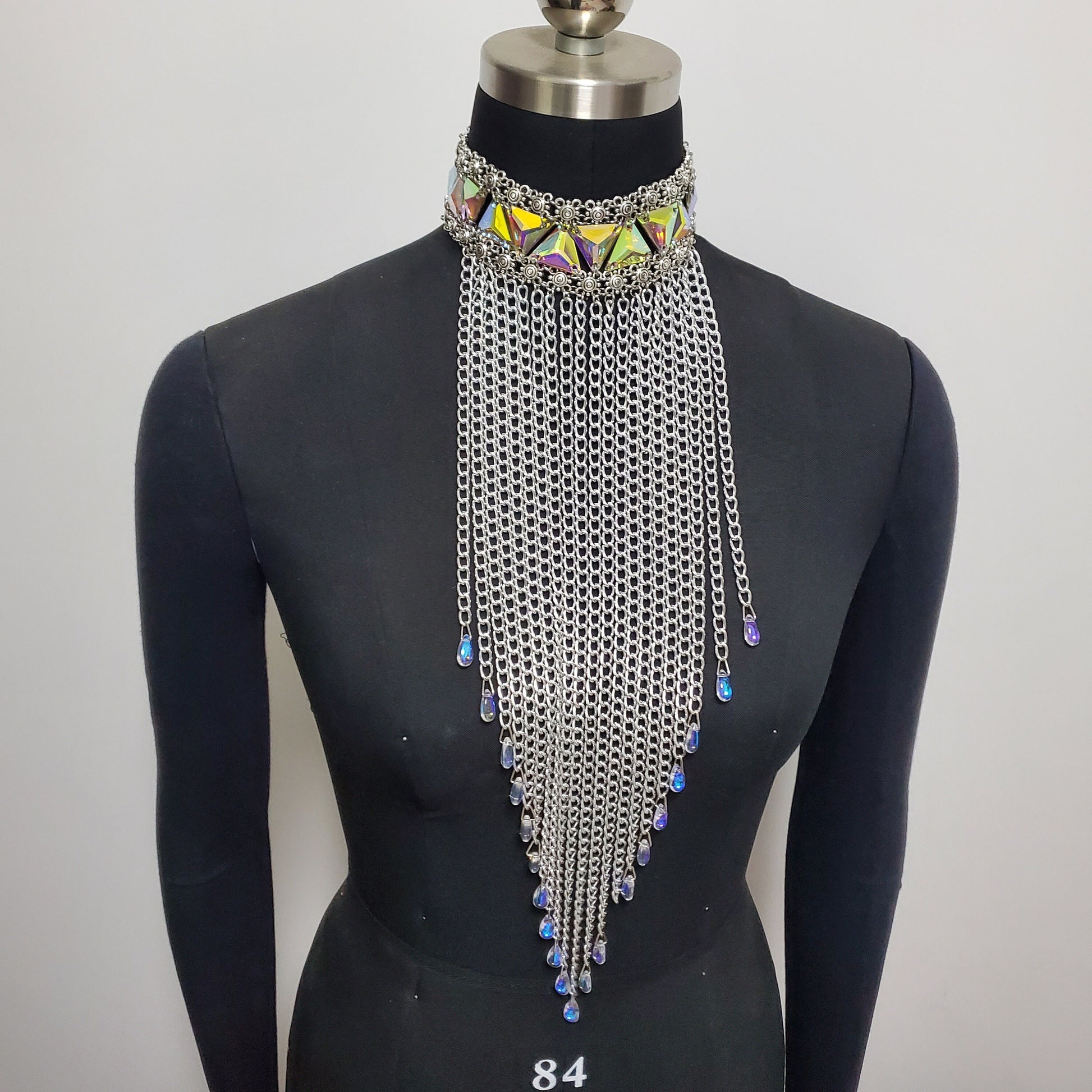 Burning Man Holographic Fringe Chain Necklance Collar / Tassel Steampunk Jewelry Collar / Tassel Chocker Long Necklace / Rhinestone Necklace