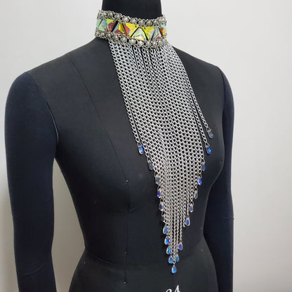 Burning Man Holographic Fringe Chain Necklance Collar / Tassel Steampunk Jewelry Collar / Tassel Chocker Long Necklace / Rhinestone Necklace