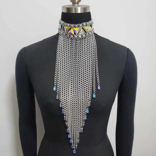 Burning Man Holographic Fringe Chain Necklance Collar / Tassel Steampunk Jewelry Collar / Tassel Chocker Long Necklace / Rhinestone Necklace